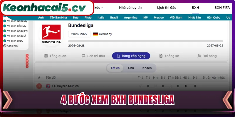4 bước xem BXH Bundesliga