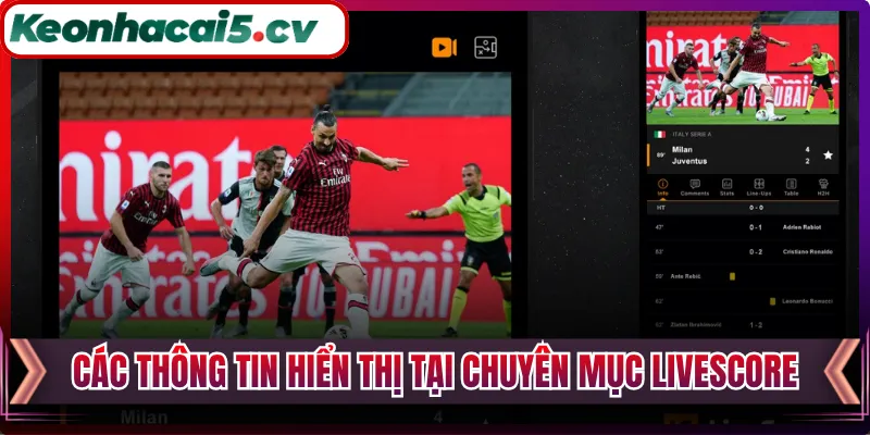 Các thông tin hiển thị tại chuyên mục Livescore